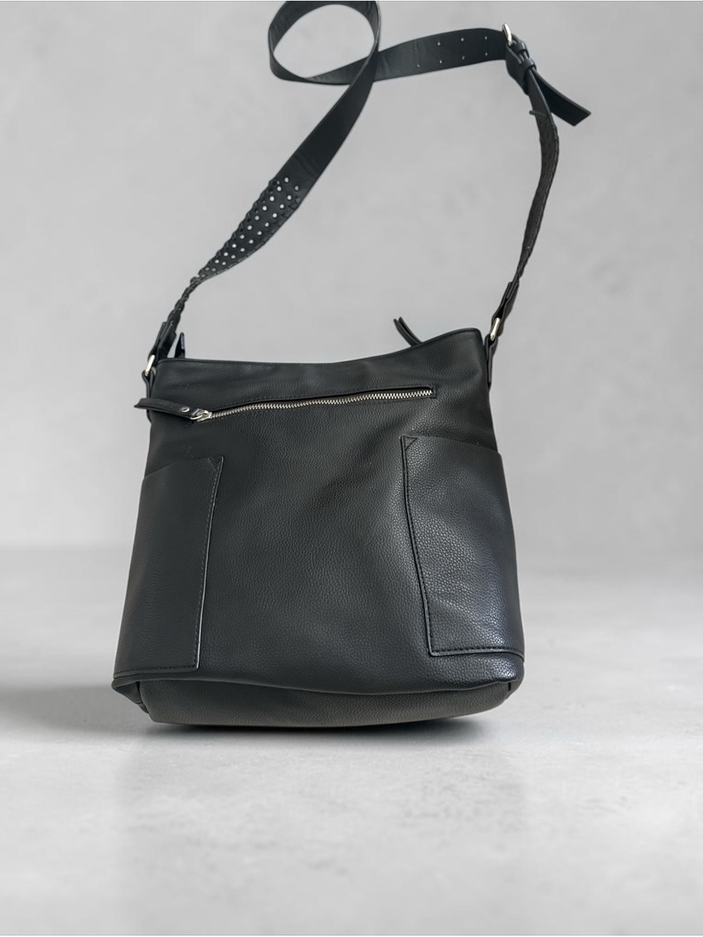 Joy Susan Classic Black Leather Crossbody Shoulder Bag Stud Accents on Strap